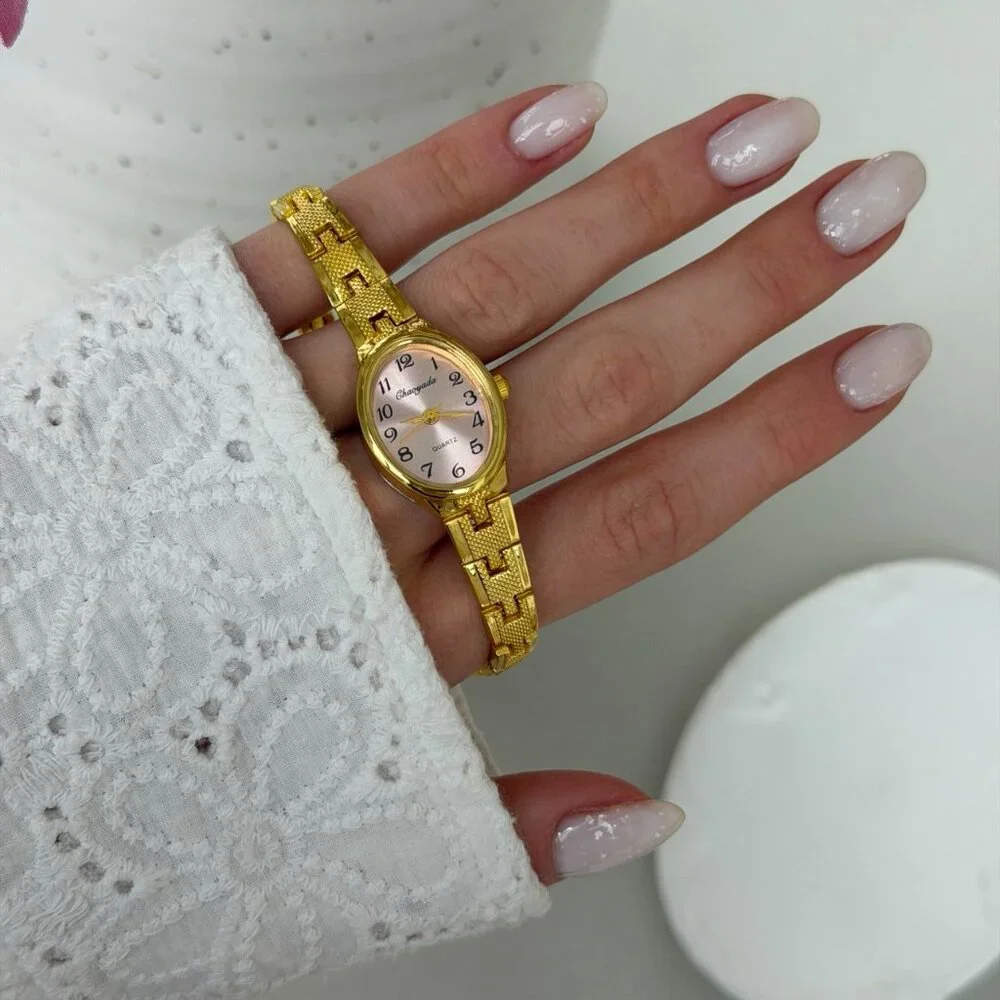 SKU0506 Retro Gold/Pink Women Oval Watch Vintage vibe Stainless steel + gift bag